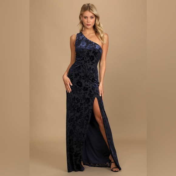 Marvelous Moi Navy Blue Burnout Velvet One-Shoulder Maxi Dress - Picture 1 of 7